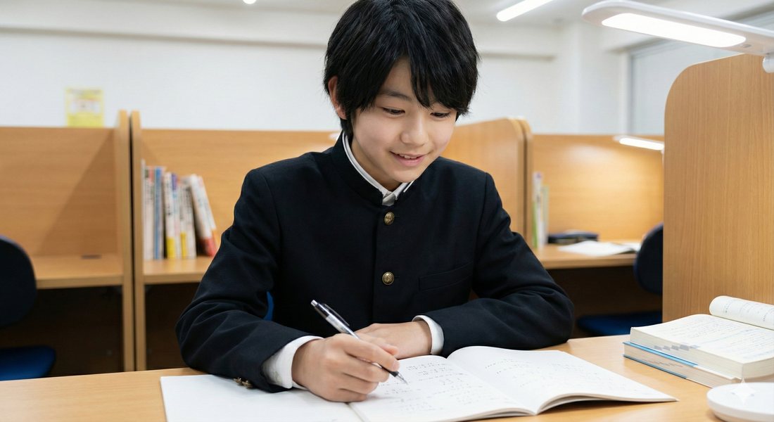 学習机で集中して勉強する中学生の様子